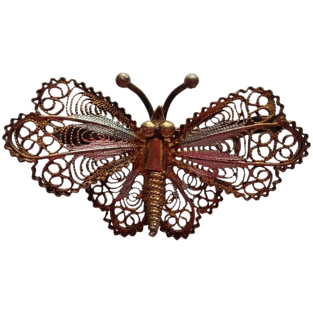Vintage Filligree Butterfly Brooch with Metallic Blue and Metallic Pink on Wings